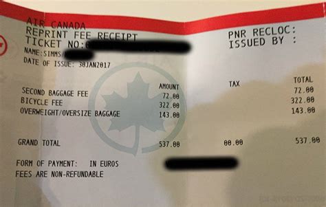 air canada baggage fee receipt.